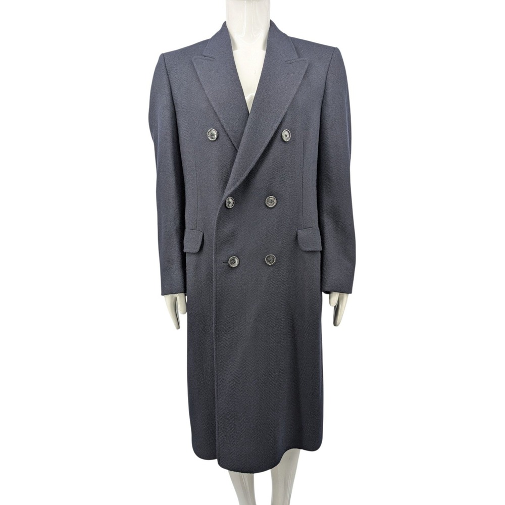 Vintage English Pure New Wool Navy Double Breasted Overcoat 42R Long Coat